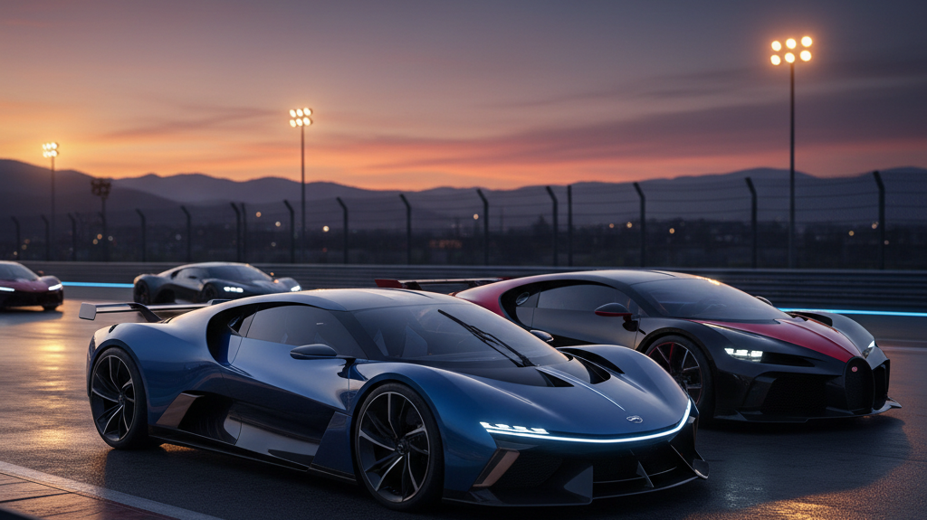 Editorial, photo-realistic HERO for an automotive daily news article titled "BYD Electric Hypercar Reportedly Surpasses Bugatti’s Top Speed Record – D