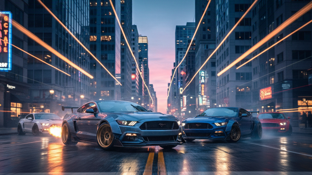 Editorial, photo-realistic HERO for an automotive daily news article titled "Ford Mustang RTR EcoBoost Goes Full Hooligan with Anti-Lag – Daily Car Ne