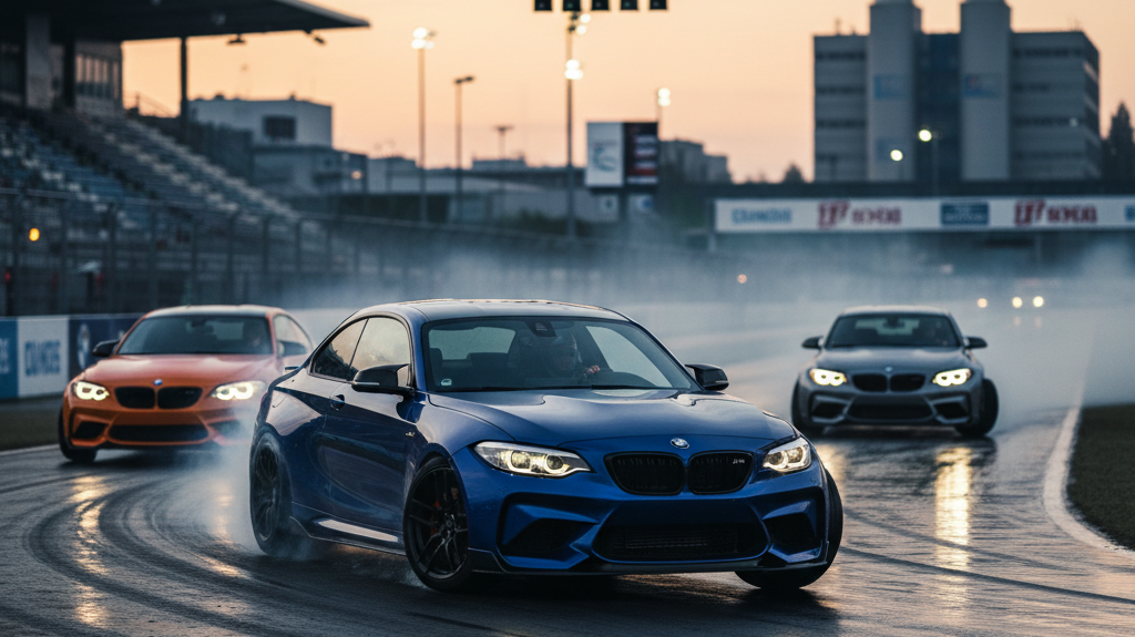 Editorial, photo-realistic HERO for an automotive daily news article titled "BMW M2 Goes 1,100-hp Drift Mad at Munich Factory – Daily Car News (2025-1