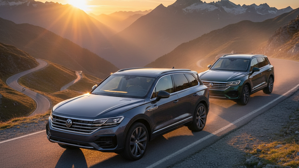Editorial, photo-realistic HERO for an automotive daily news article titled "Volkswagen Touareg Wolfsburg Edition Launches as Final Curtain Call – Dai
