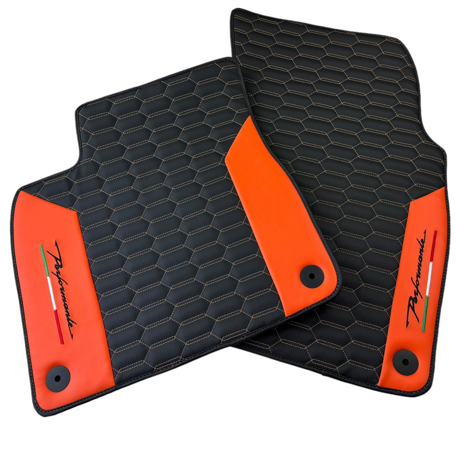 Black Floor Mats for Lamborghini Urus with Orange Leather - AutoWin