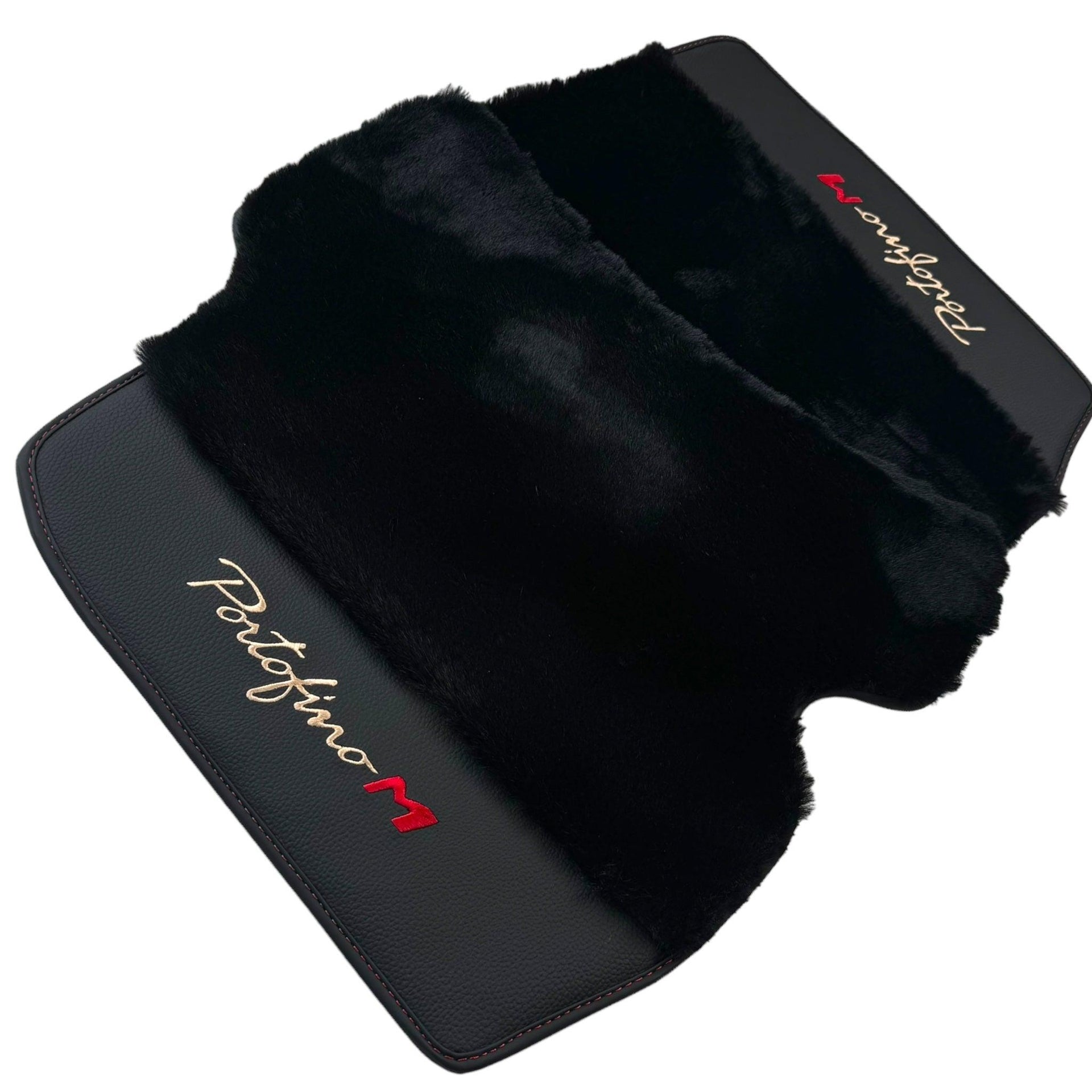Black Sheepskin Floor Mats for Ferrari Portofino M (2018-2023) with Leather - AutoWin