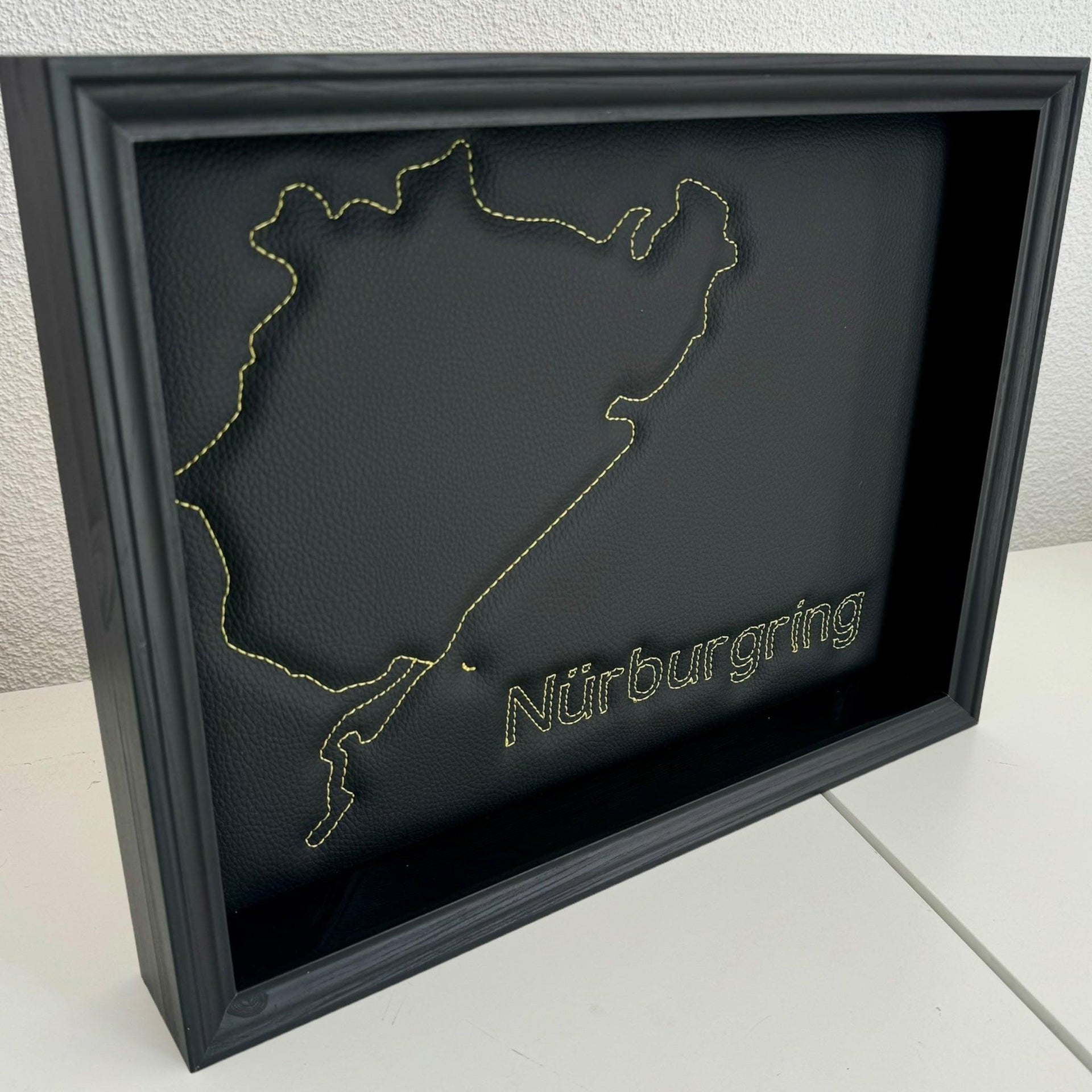 Leather Nürburgring Inspired Wall Art: Embroidered Yellow Stitch Luxury Decor - AutoWin