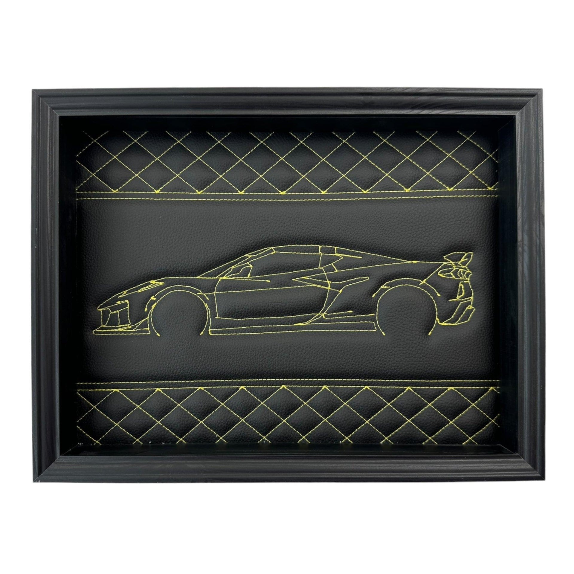 Black Leather Corvette C8 Inspired Wall Art: Embroidered Yellow Stitch - AutoWin