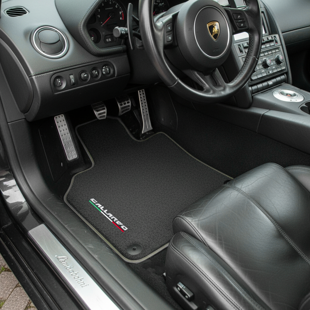 Custom Black Floor Mats for Lamborghini Gallardo With Green Leather - AutoWin.EU