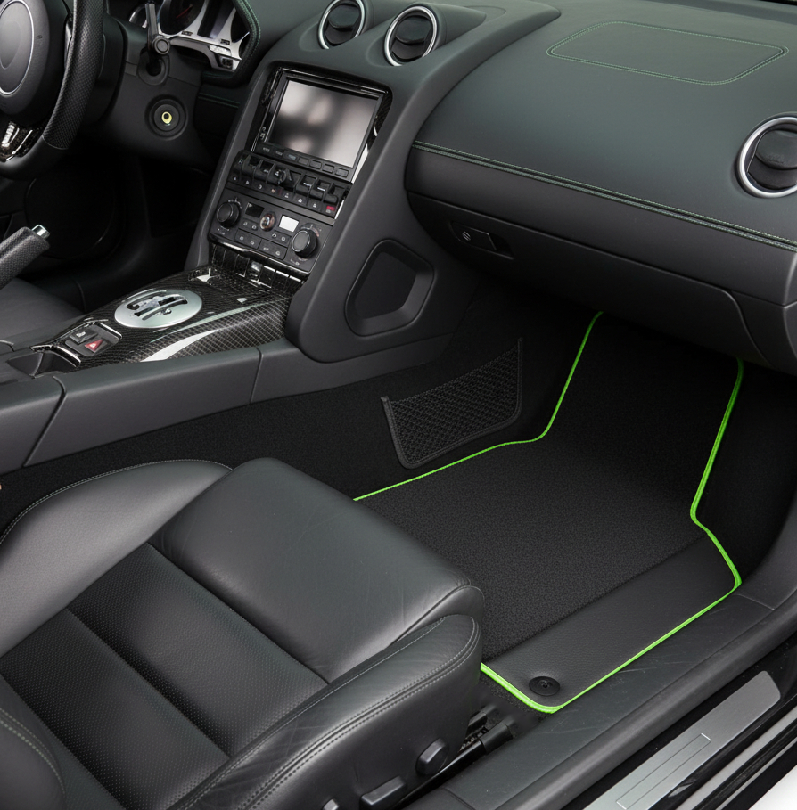 Custom Black Floor Mats for Lamborghini Gallardo With Green Leather - AutoWin.EU