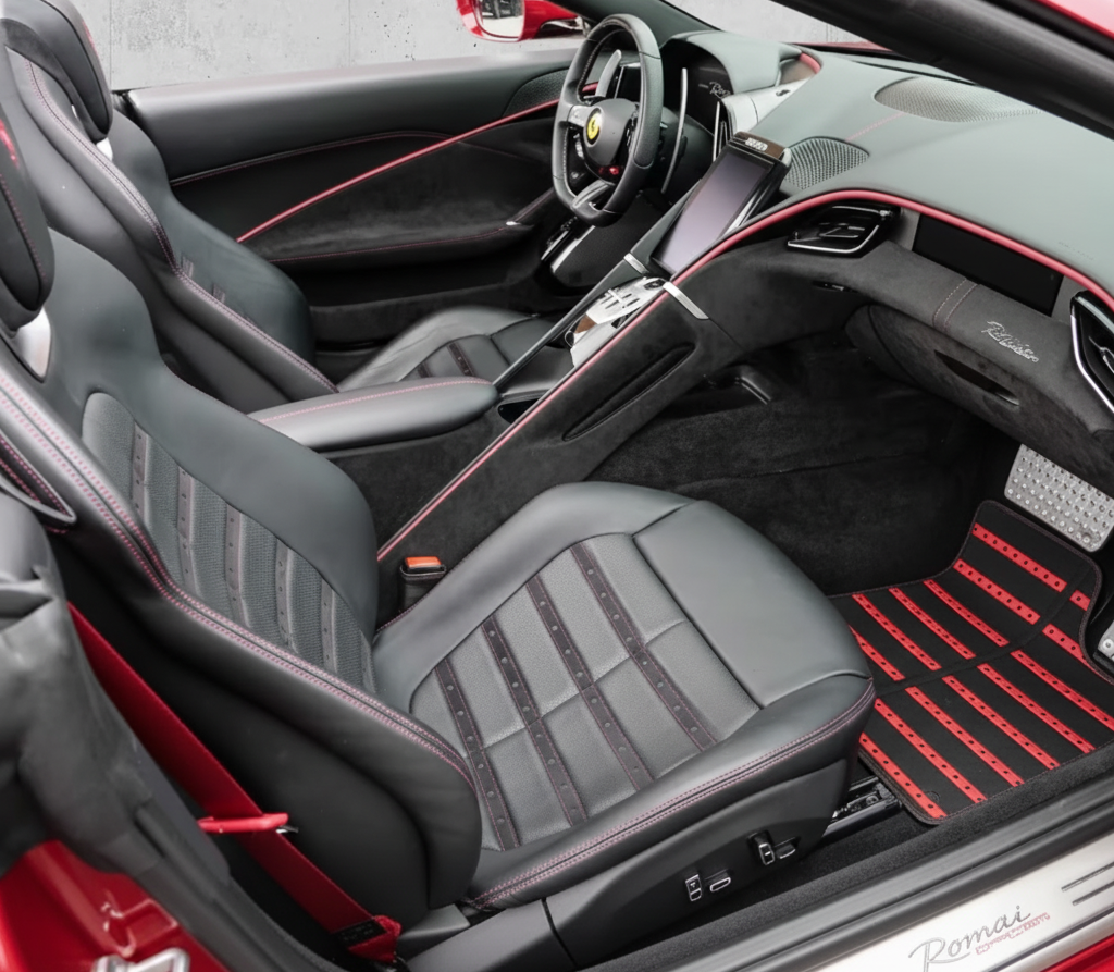 Black Floor Mats for Ferrari Roma (2021-2024) with Purple Leather | Italian Edition - AutoWin