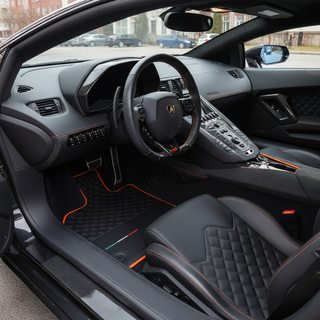 Customizable Leather Floor Mats with ER56 Pattern for Lamborghini Aventador (2012-2022) - AutoWin