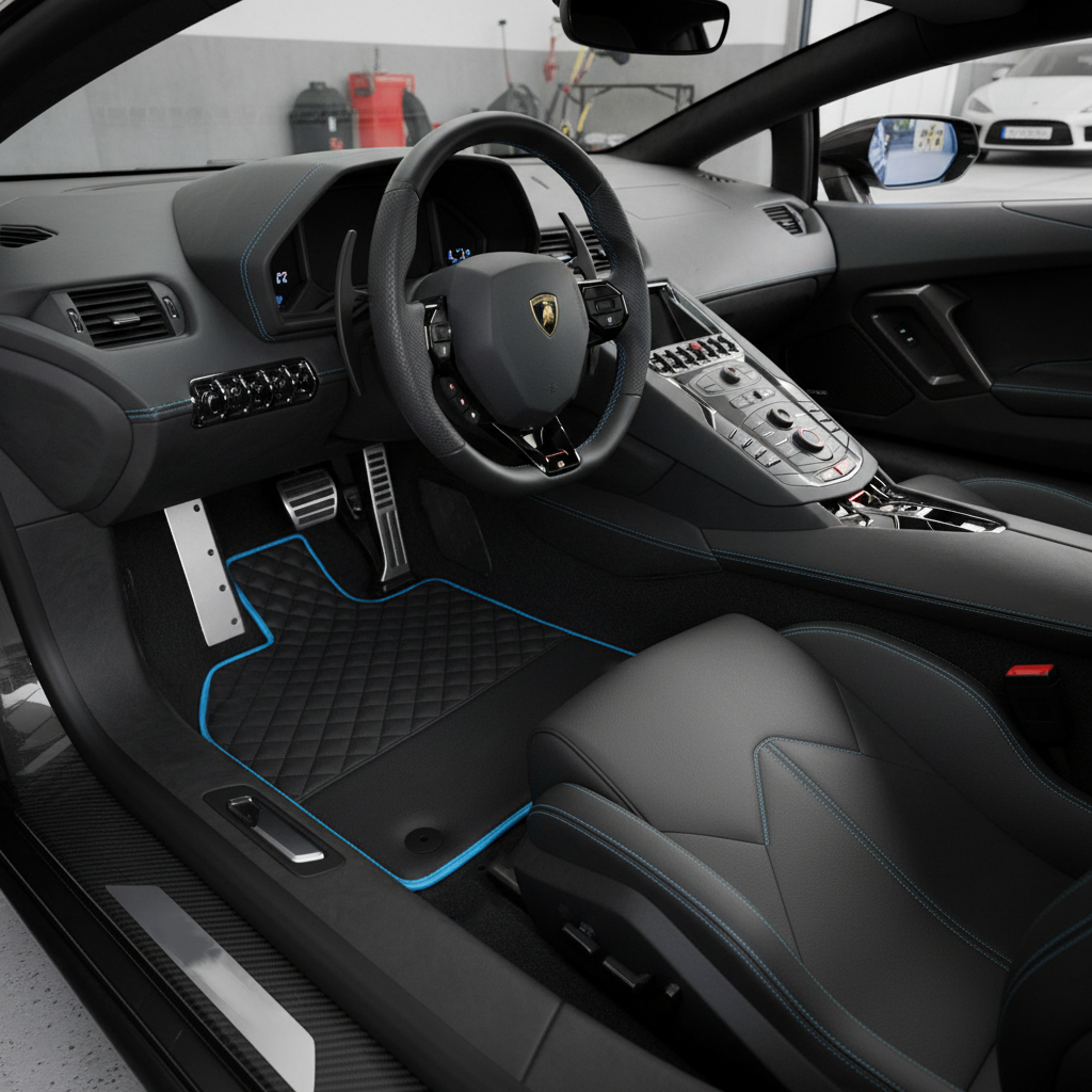 Customizable Leather Floor Mats with ER56 Pattern for Lamborghini Aventador (2012-2022) - AutoWin