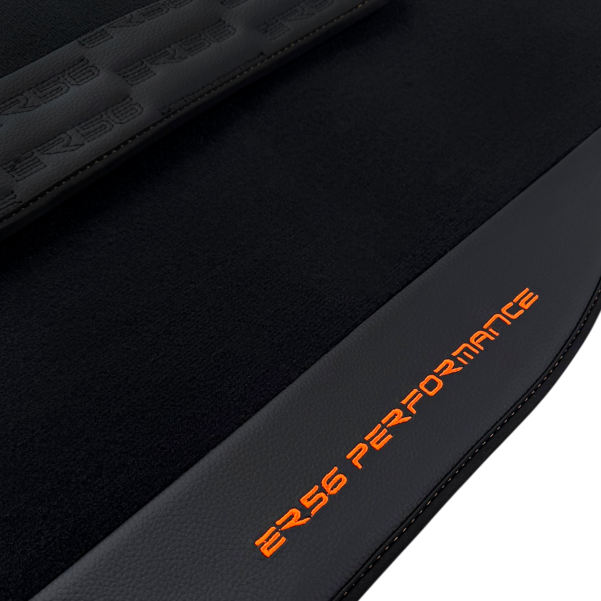 Black Car Floor Mats for BMW E82 2-door Coupe (2006-2013) with Leather by ER56 | Orange Edition