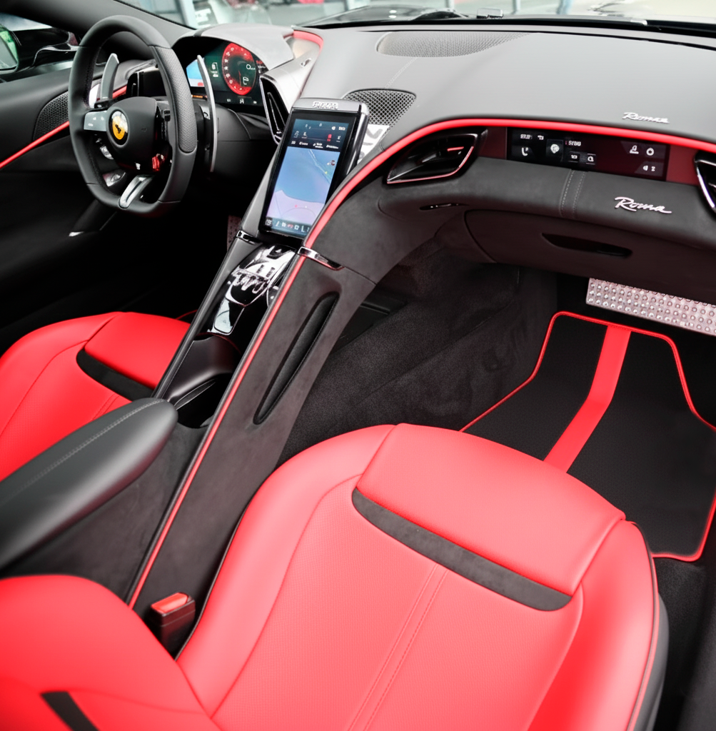 Black Floor Mats for Ferrari Roma (2021-2024) with Purple Leather | Italian Edition - AutoWin