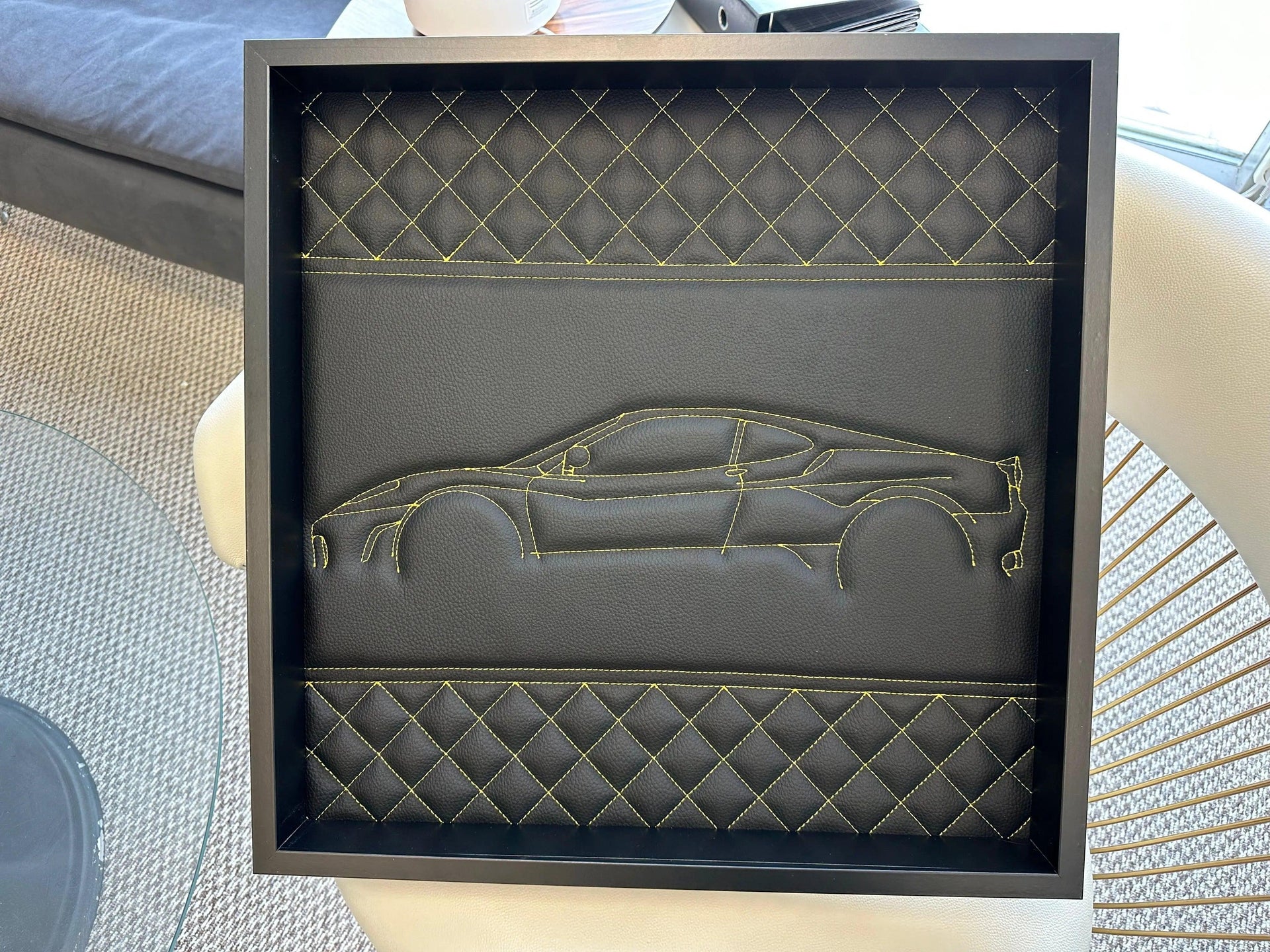 Black Leather Ferrari 458 Inspired Wall Art: Embroidered Yellow Stitch Luxury Decor - AutoWin