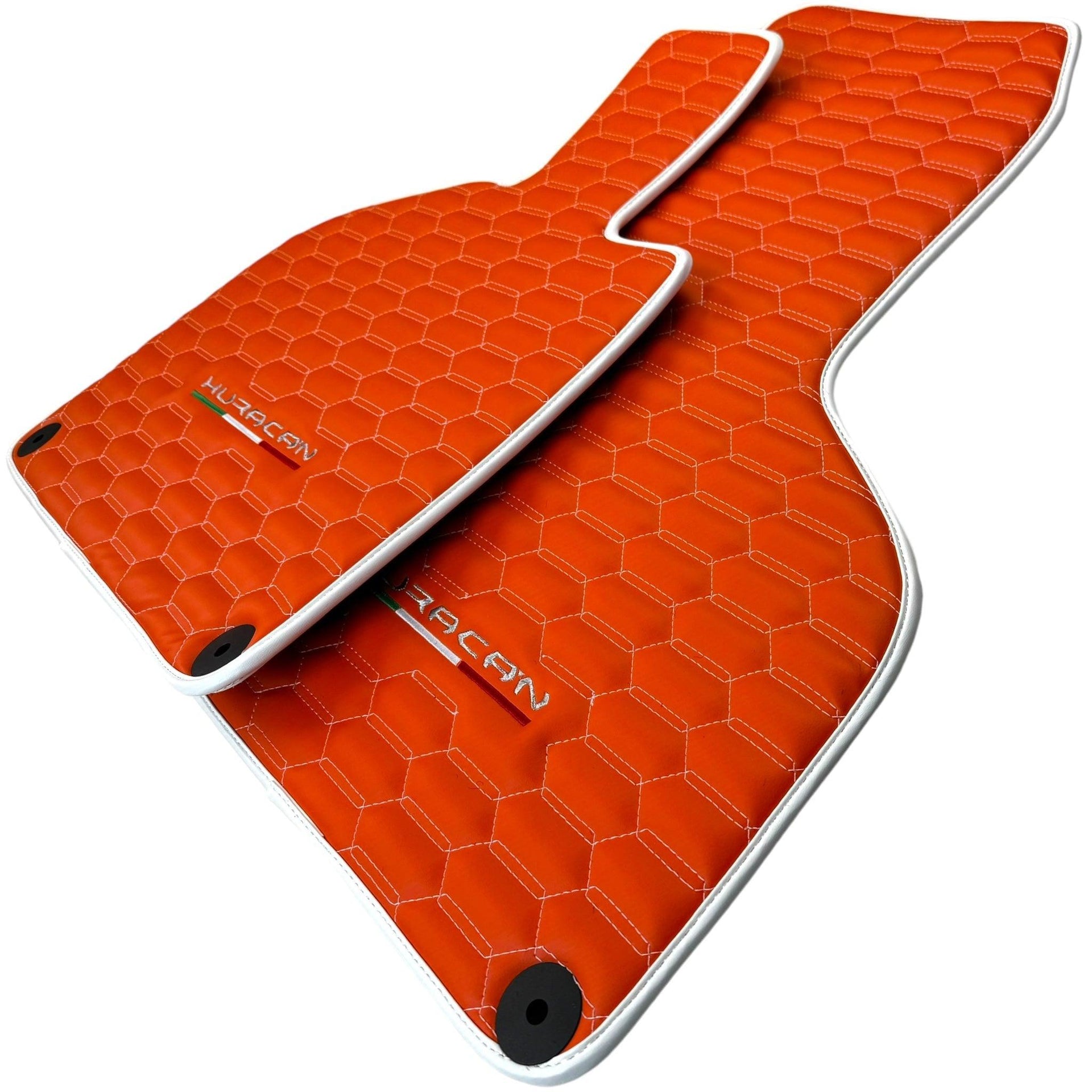 Orange Leather Floor Mats for Lamborghini Huracan with White Trim - AutoWin