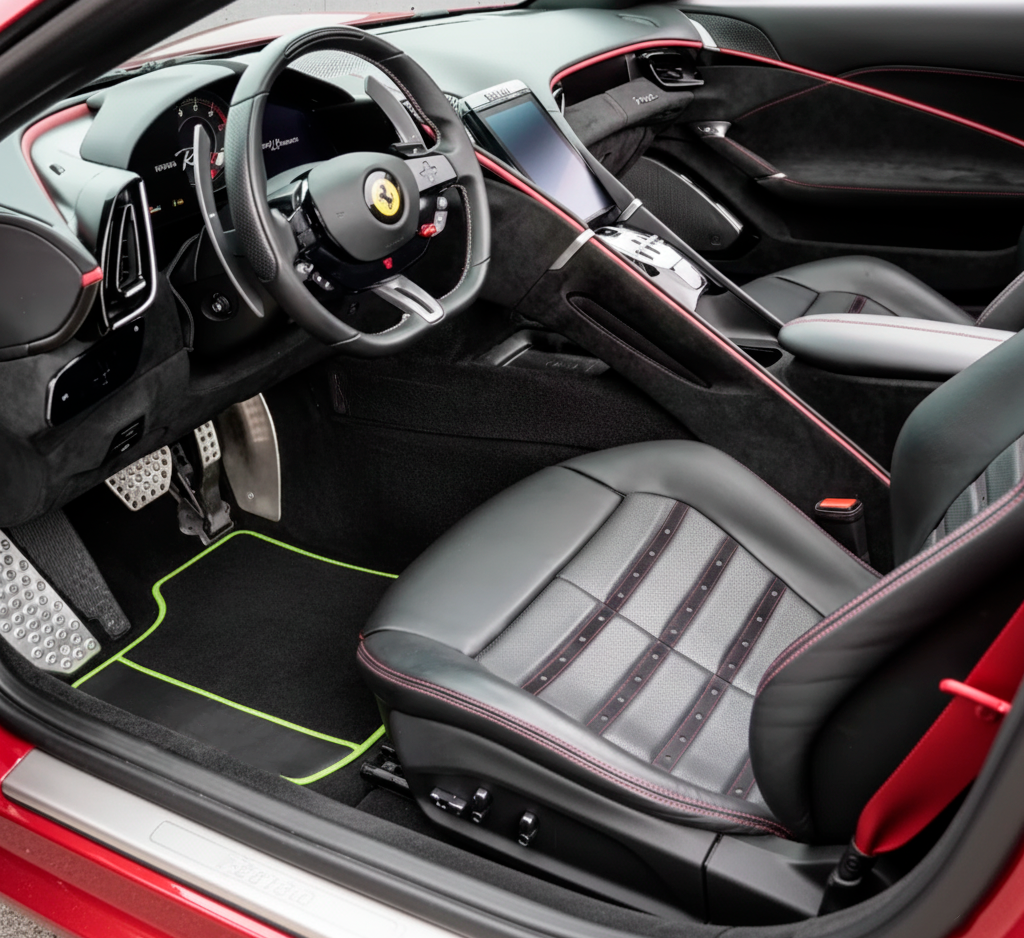 Black Floor Mats for Ferrari Roma (2021-2024) with Purple Leather | Italian Edition - AutoWin