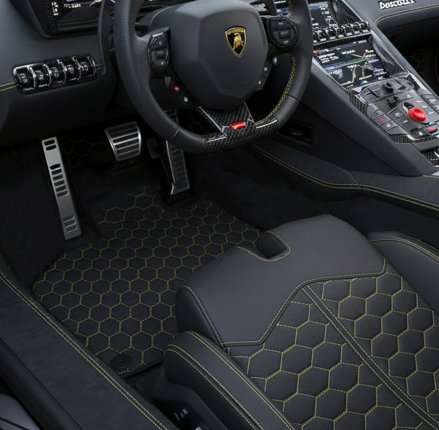 Tapetes de carro em pele personalizáveis com padrão hexagonal simétrico para Lamborghini Aventador SV (2012-2022) - AutoWin