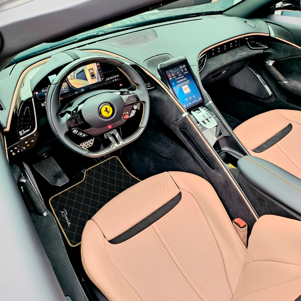 Black Floor Mats for Ferrari Roma (2021-2024) with Purple Leather | Italian Edition - AutoWin