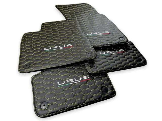 Floor Mats For Lamborghini Urus Leather Yellow Stitching - AutoWin