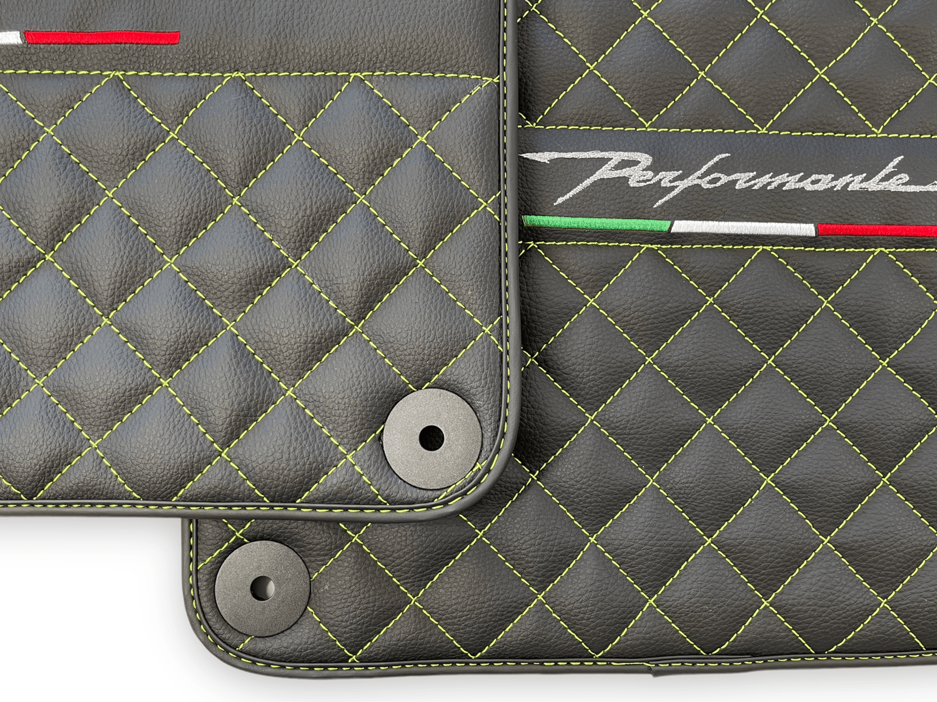 Black Leather Floor Mats for Lamborghini Huracan Perfomante | Green Stitching - AutoWin