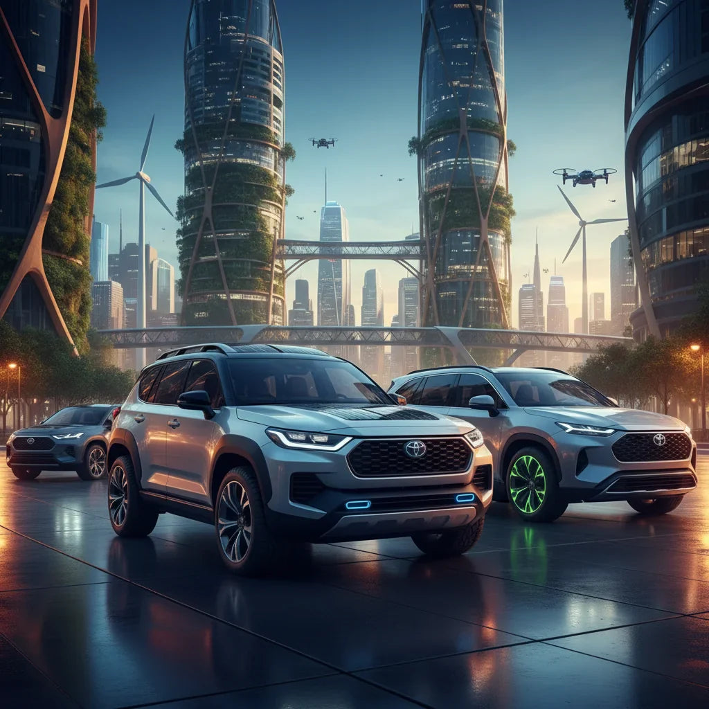 Editorial photo-realistic HERO image for automotive news (2026-01-28). Feature Toyota vehicles specifically upcoming electric LandCruiser, Kluger. Sce