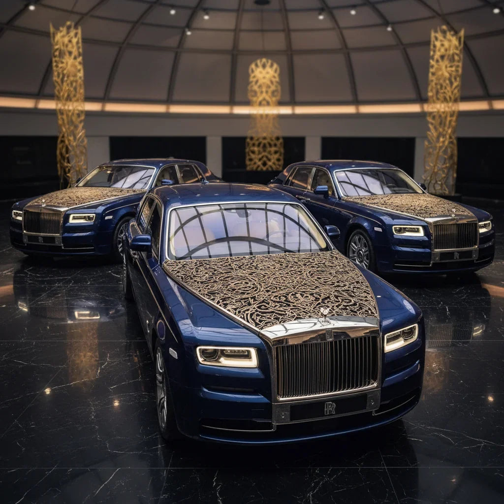 Editorial photo-realistic HERO image for automotive news (2026-02-14). Feature Rolls-Royce vehicles specifically Phantom Arabesque. Scene: A luxurious