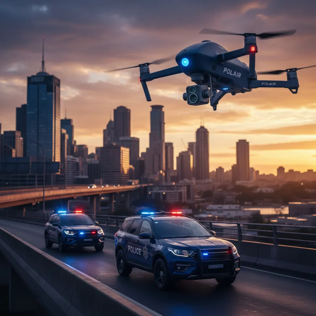 Editorial photo-realistic HERO image for automotive news (2026-02-22). Feature NSW Police vehicles specifically Polair Remote Drone. Scene: A sleek po