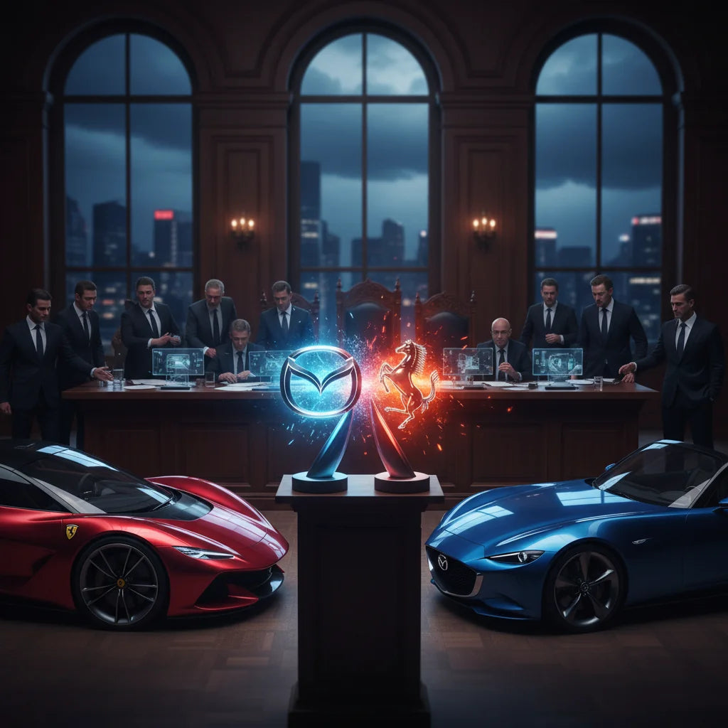 Editorial photo-realistic HERO image for automotive news (2026-03-13). Feature Mazda and Ferrari vehicles specifically Mazda trademark, Ferrari models