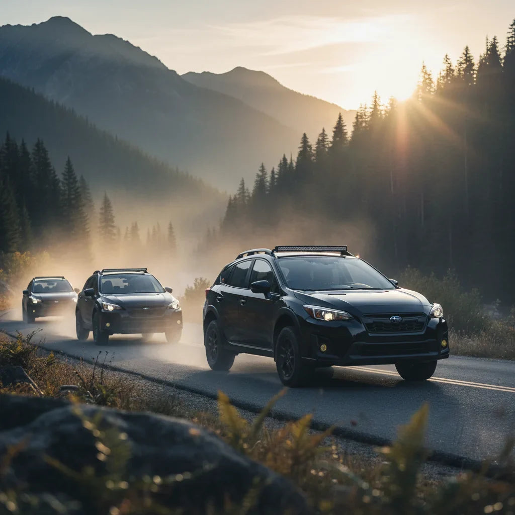 Editorial photo-realistic HERO image for automotive news (2026-04-04). Feature Subaru vehicles specifically Crosstrek. Scene: A sleek blacked-out Suba