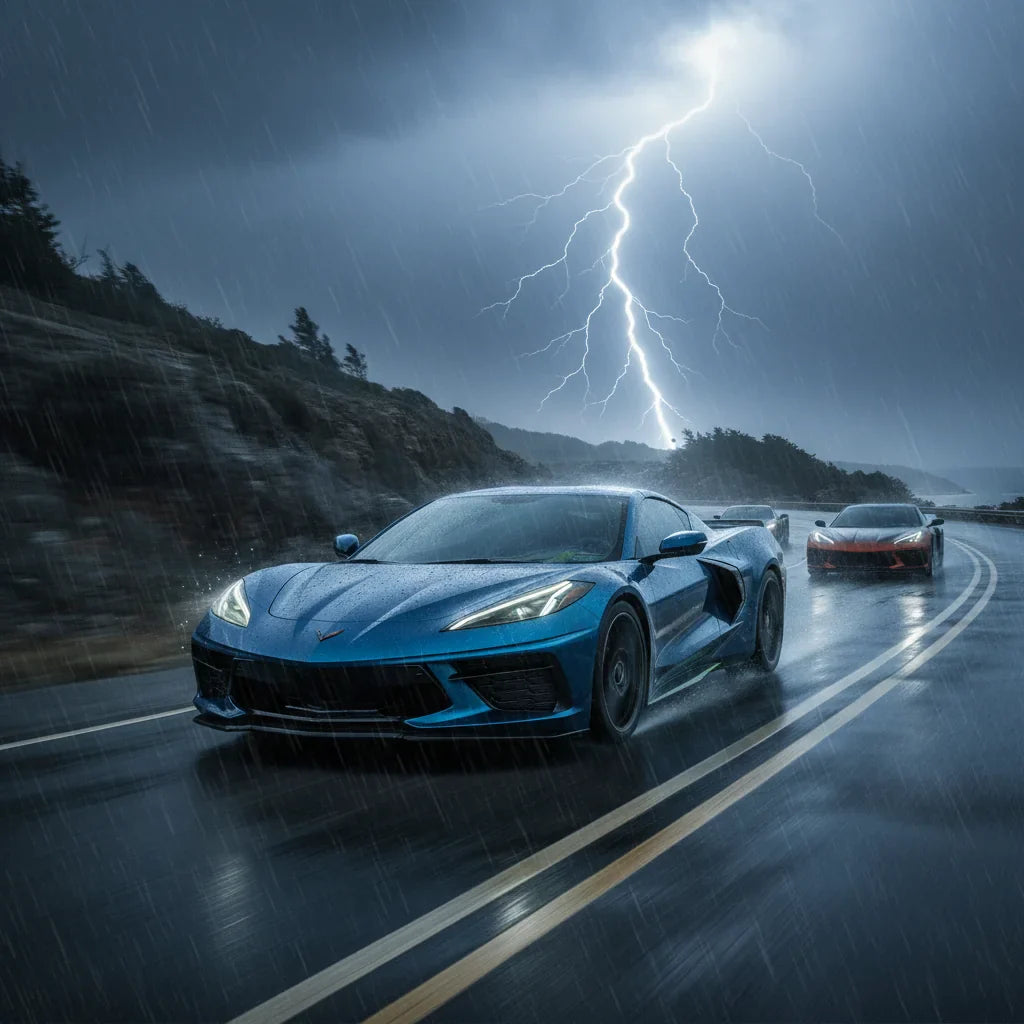 Editorial photo-realistic HERO image for automotive news (2026-04-05). Feature Chevrolet vehicles specifically Corvette hybrid. Scene: A powerful Corv