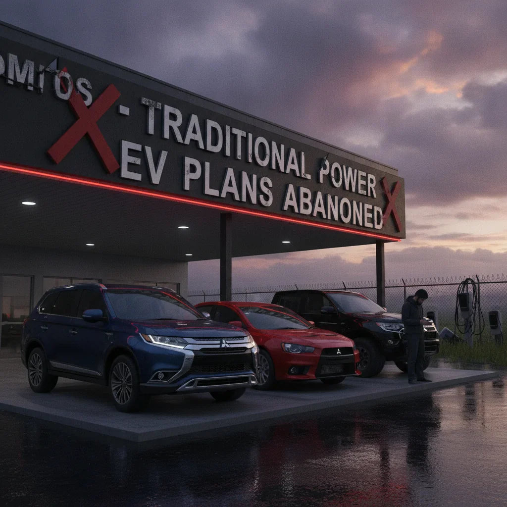 Editorial photo-realistic HERO image for automotive news (2026-06-25). Feature Mitsubishi vehicles. Scene: A Mitsubishi dealership with a sign indicat