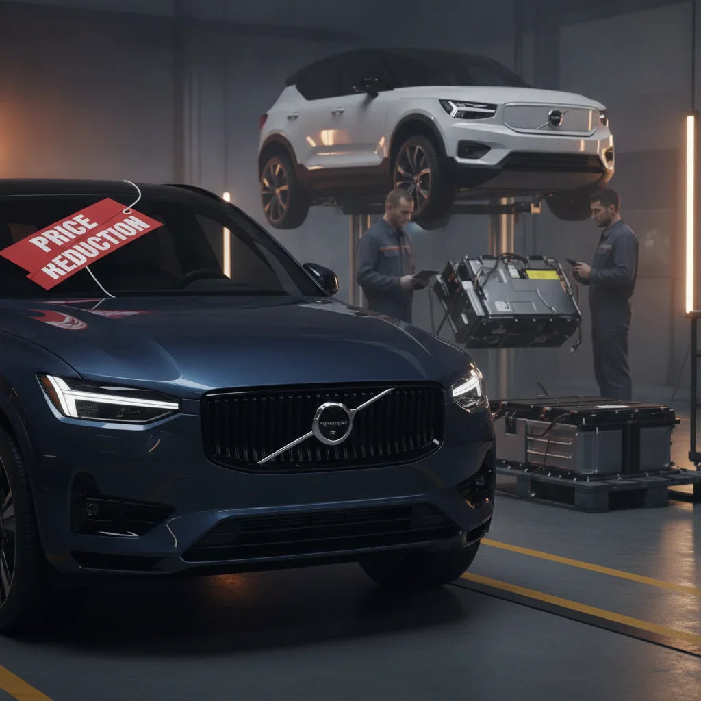 Editorial photo-realistic HERO image for automotive news (2026-06-29). Feature Volvo vehicles specifically EX30, EX90. Scene: A Volvo EX30 in a worksh
