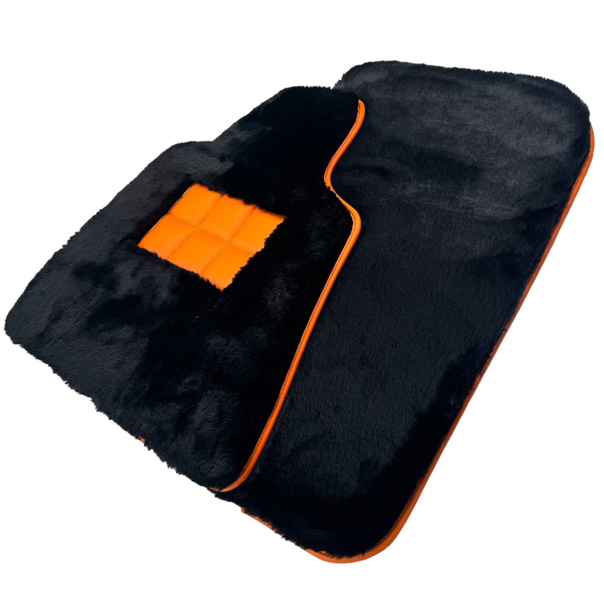 Black Sheepskin Floor Mats for Rolls-Royce Wraith (2013–2023) Orange Leather Trim - AutoWin