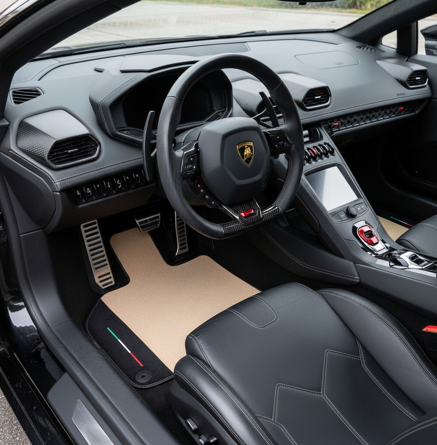 Tapetes de carro bege personalizados para Lamborghini Huracan EVO em couro Alcantara