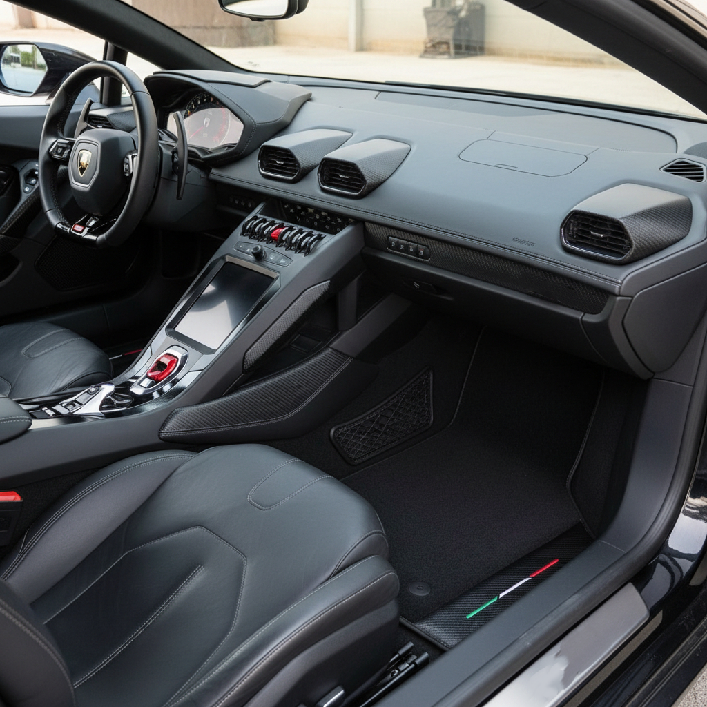Custom Black Floor Mats for Lamborghini Huracan with Carbon Fiber Leather