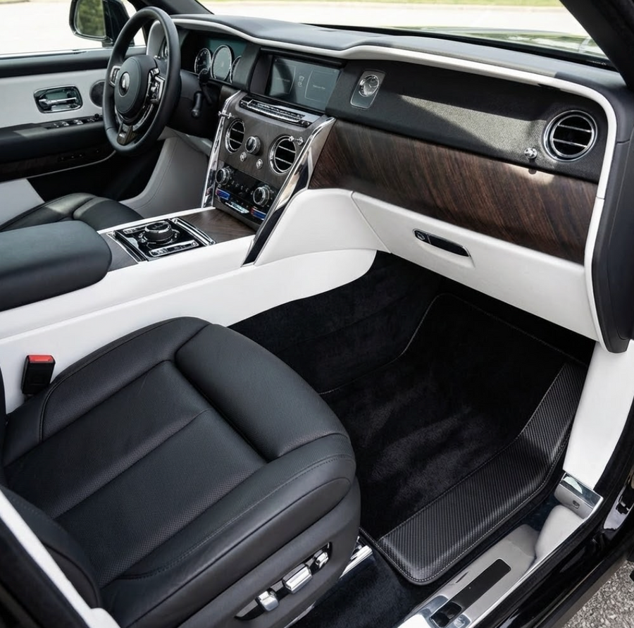 Custom Black Floor Mats for Rolls Royce Cullinan with Carbon Fiber Leather