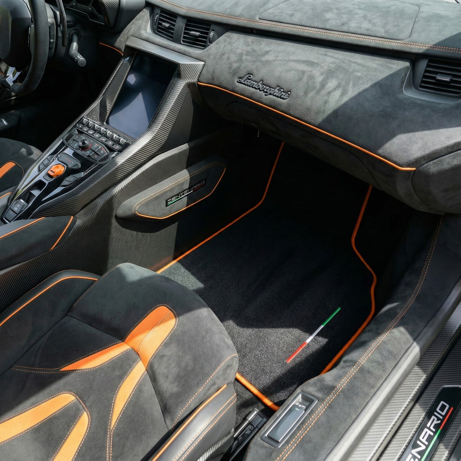 Tapetes para automóvel Personalizáveis para Lamborghini Centenario (2016-2017) | Acabamento Laranja
