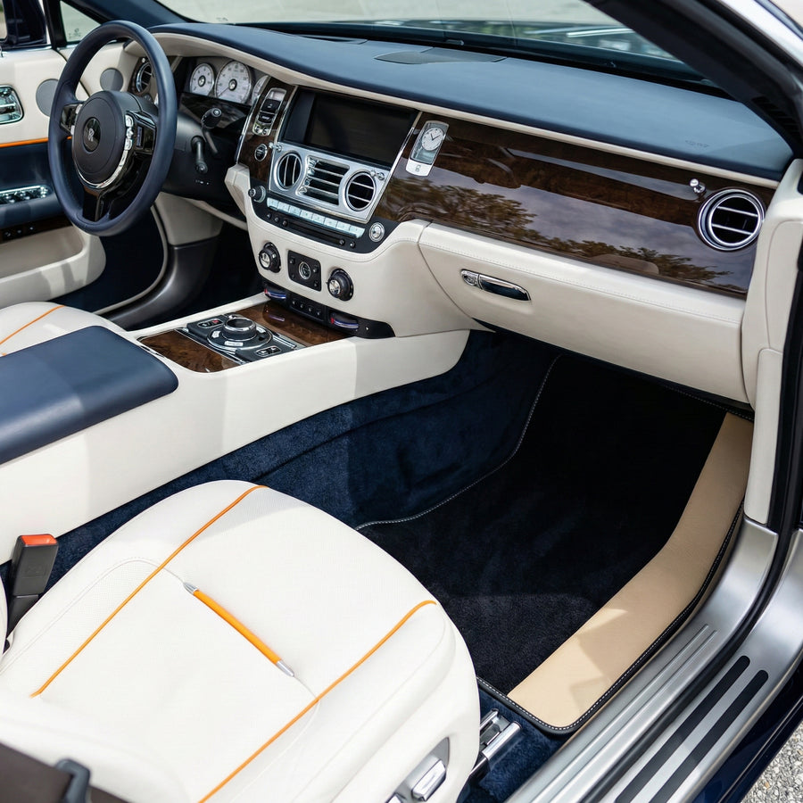 Mats de carro pretos personalizados para Rolls Royce Dawn (2016-2023) com pele beige