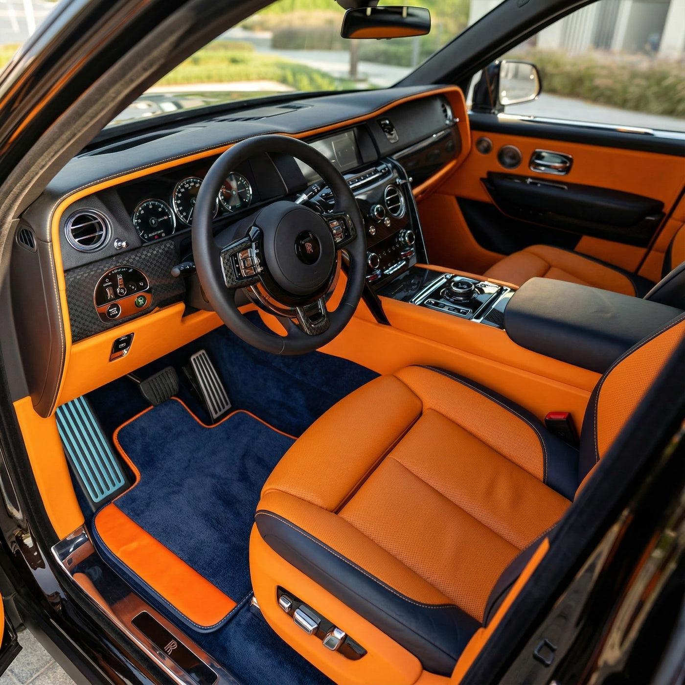 Custom Dark Blue Floor Mats For Rolls Royce Cullinan Orange Leather