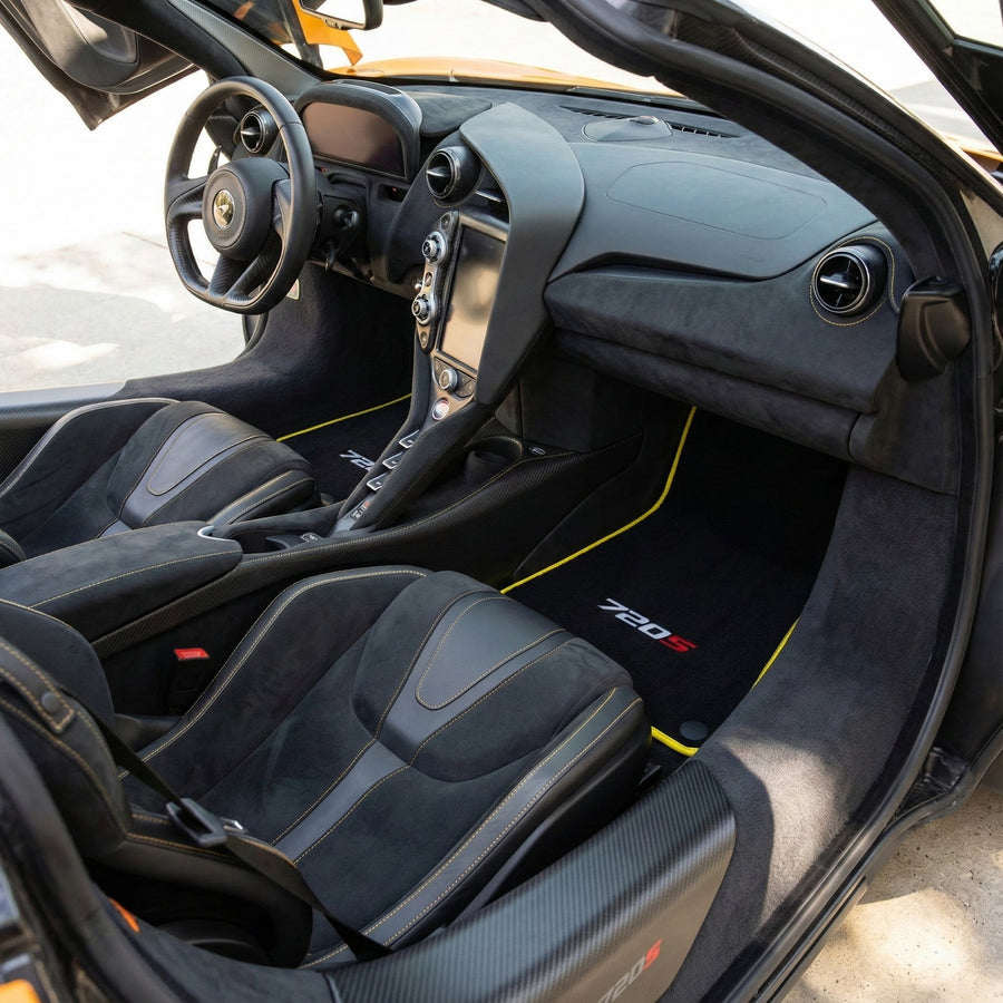 Tapetes de carro para McLaren 720S pretos personalizados com borda amarela