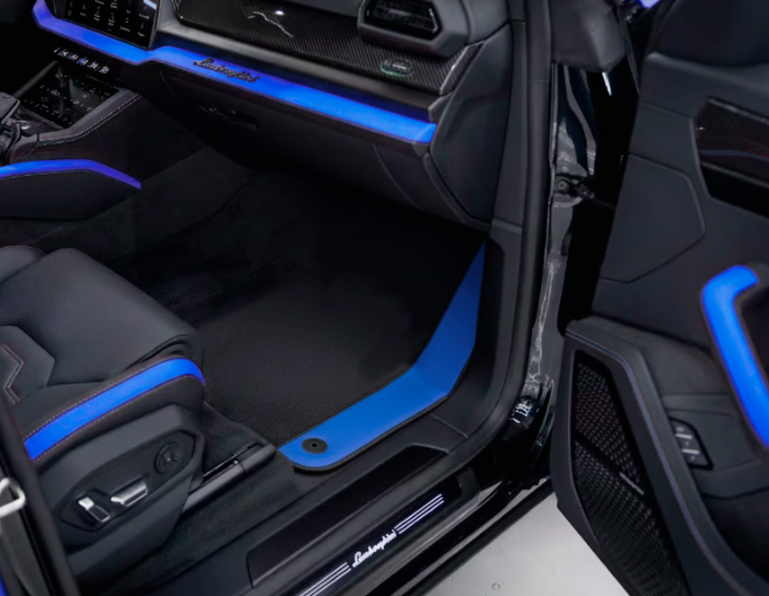 Tapetes de Carro Pretos Personalizáveis para Lamborghini Urus com Couro Alcantara Azul