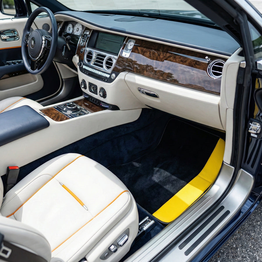 Alfombrilhas pretas personalizadas para Rolls Royce Dawn (2016-2023) com couro amarelo
