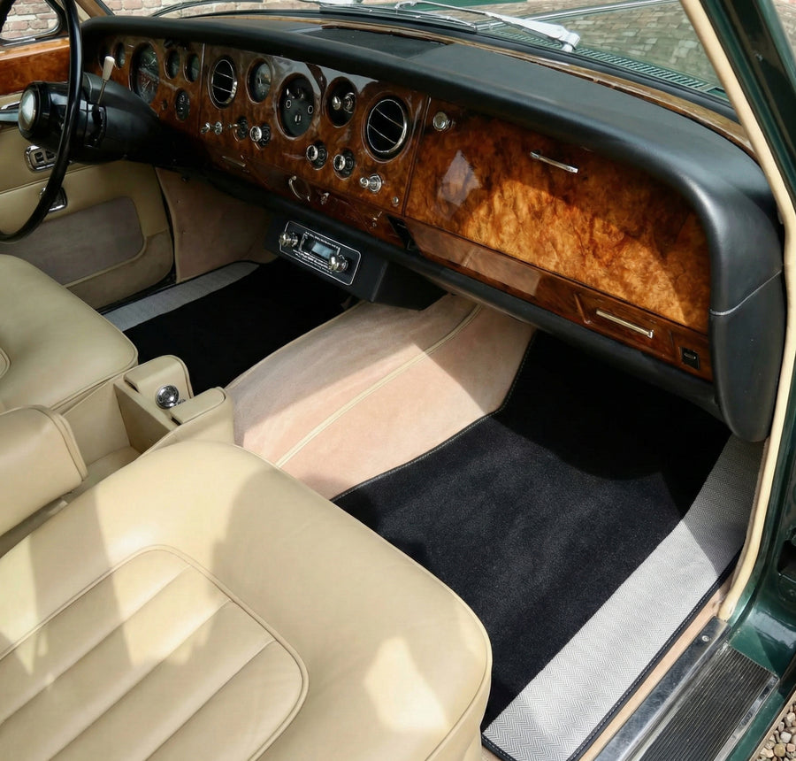 Tapetes pretos para Rolls Royce Shadow 1965-1977 com bordos em pele cinza
