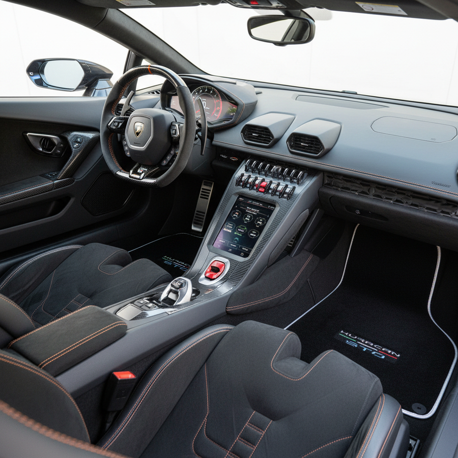Tapetes para Automóvel de Carpete Pretos para Lamborghini Huracan STO com Detalhe Branco