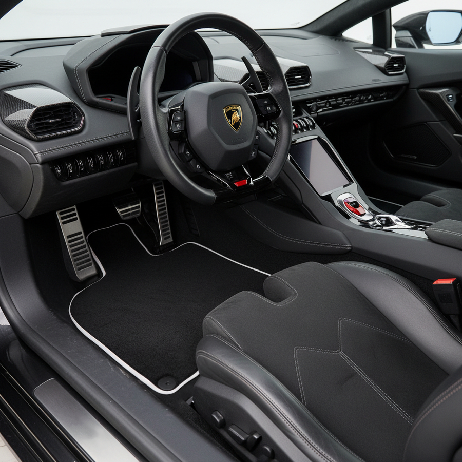 Black Floor Mats for Lamborghini Huracan EVO | White Trim