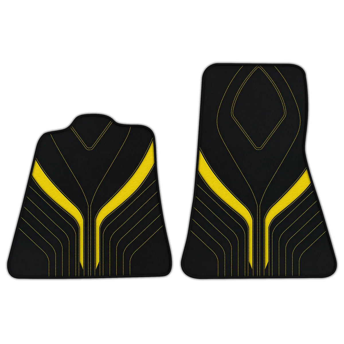 Black leather McLaren MP4-12C floor mats with a yellow AW32 pattern