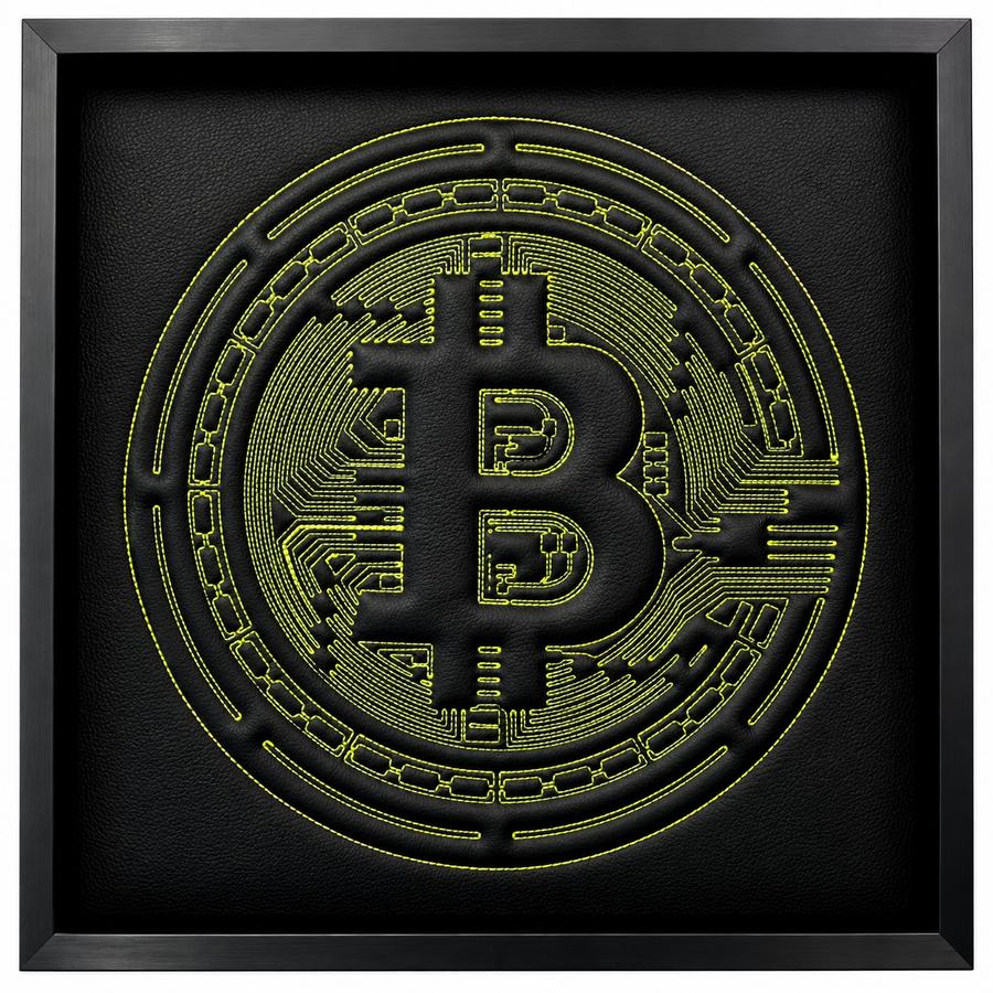 Arte de Parede em Couro Preto Inspirada em Bitcoin