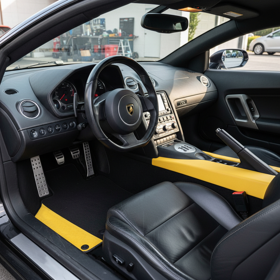 Custom Black Floor Mats for Lamborghini Gallardo with Yellow Alcantara Leather