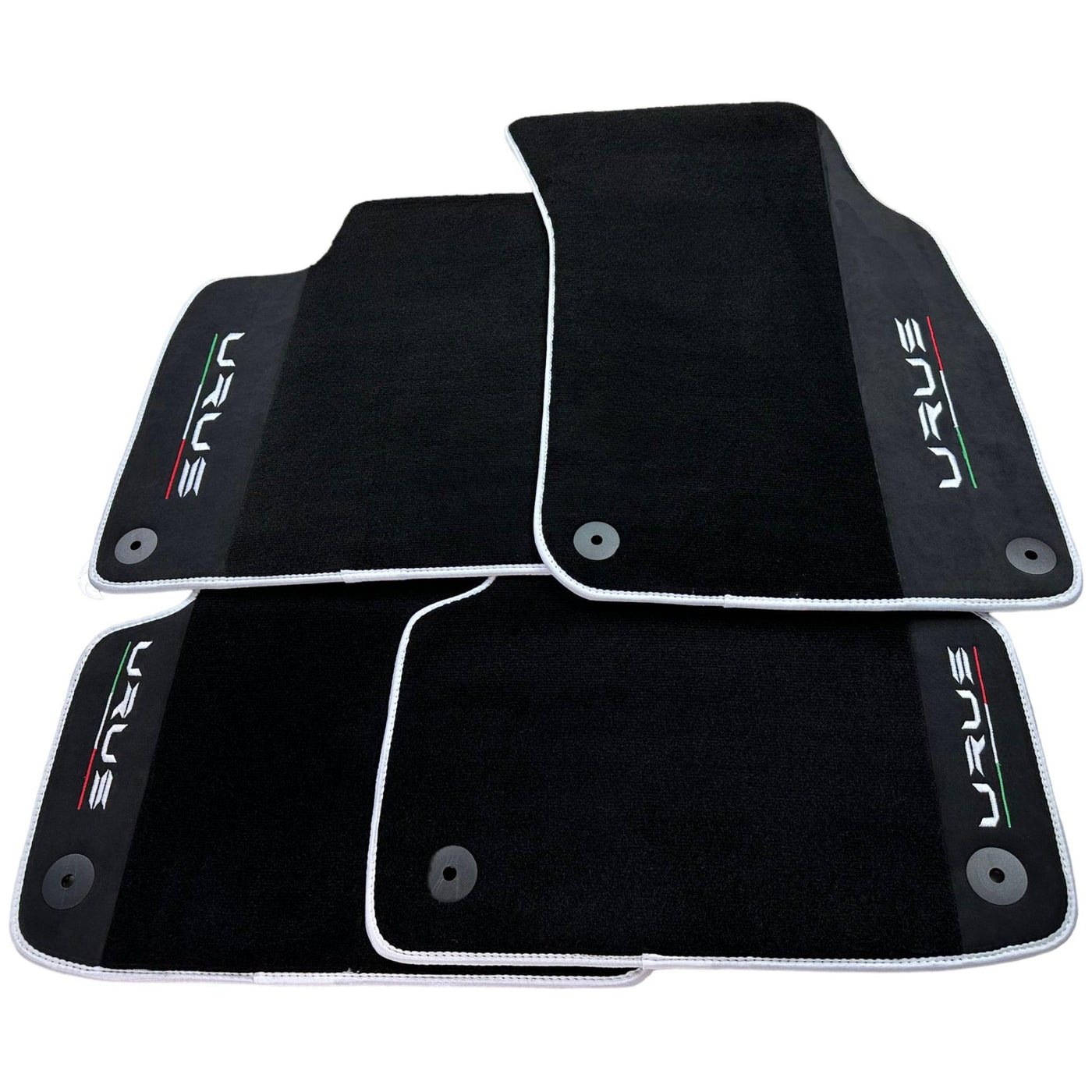 Black Floor Mats For Lamborghini Urus With Alcantara Leather White Trim - AutoWin