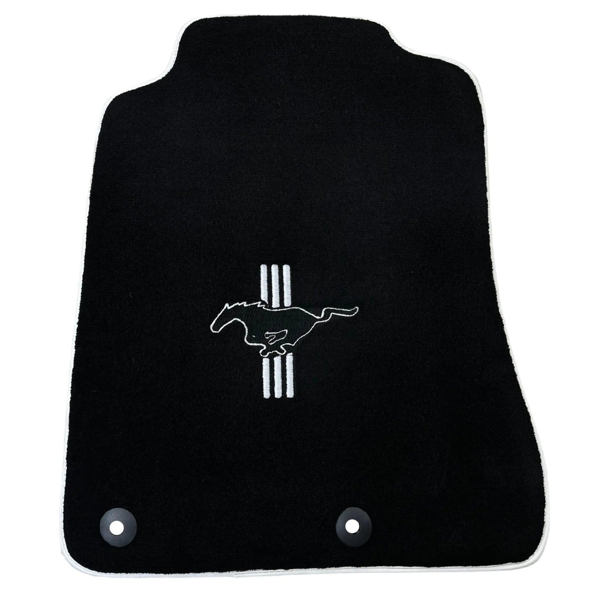 Black Floor Mats with White Trim for Ford Mustang V FL (2011-2014) With Pony - AutoWin