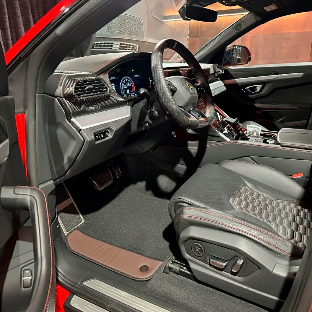 Mats de carro pretos personalizáveis para Lamborghini Urus com couro castanho