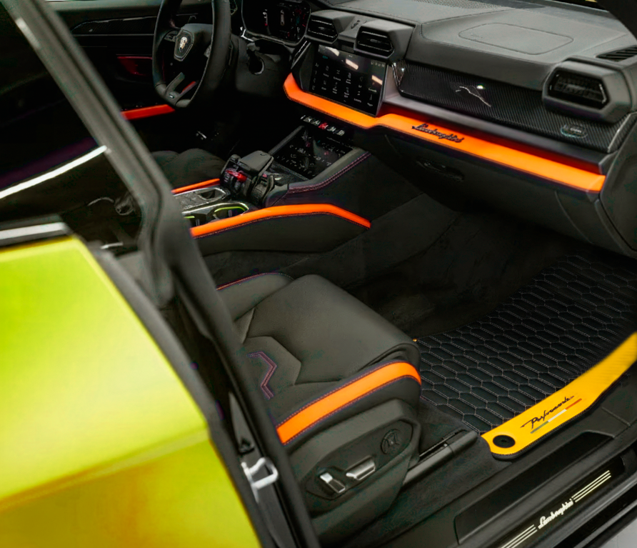Mats de carro pretos para Lamborghini Urus com couro amarelo
